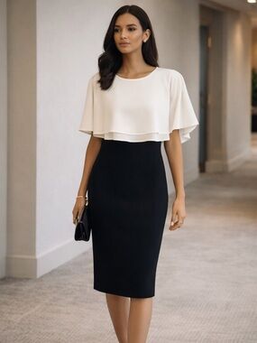 Calvin Klein Black White Cape Overlay Dress Size 8